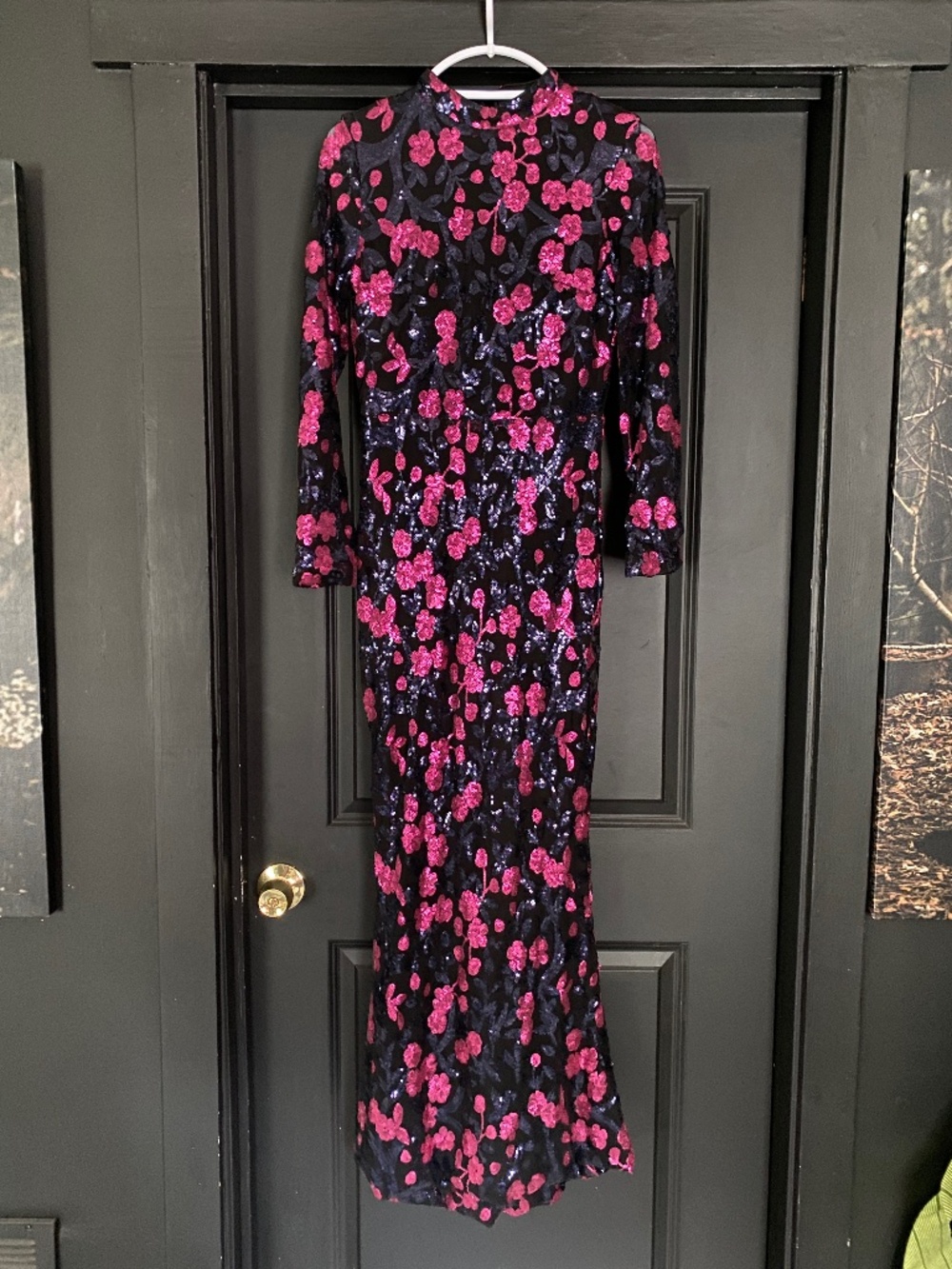 Black, purple and pink floral sequin maxi formal dress size m